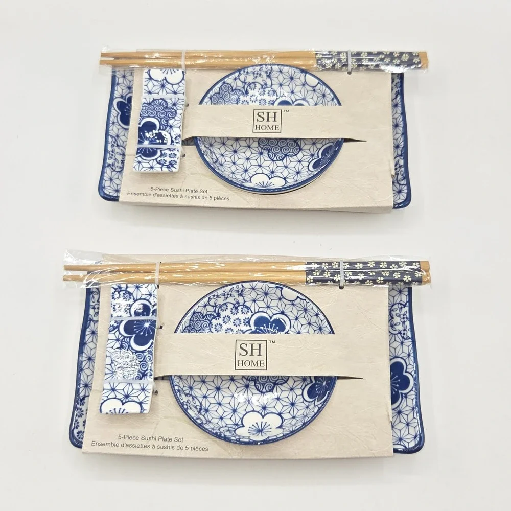 SH Home Set of 2 Ceramic Sushi Serving Plate 8x4.5 Blue White Floral Print 10pcs